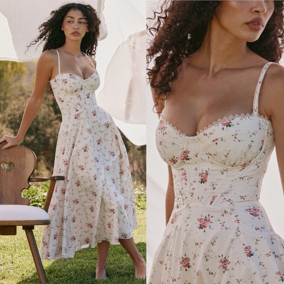 House of CB Dresses & Skirts - House of cb STEFFANI White Stretch Cotton Rose Print Midi Sundress Size XS D-DD‎